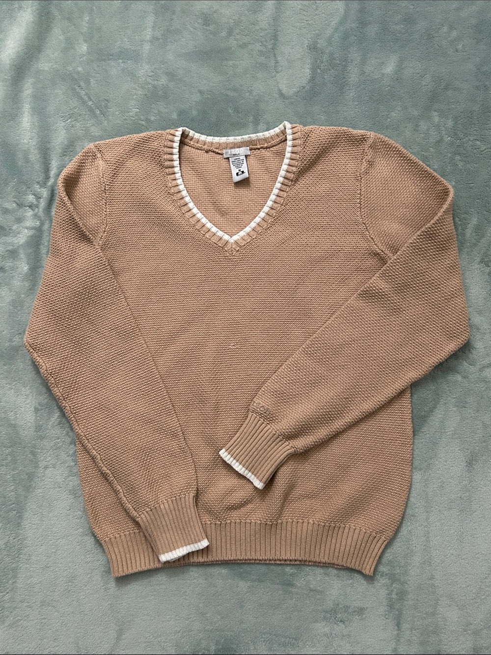 Izod Golf- Classic V-Neck Sweater in Camel with White Trim
